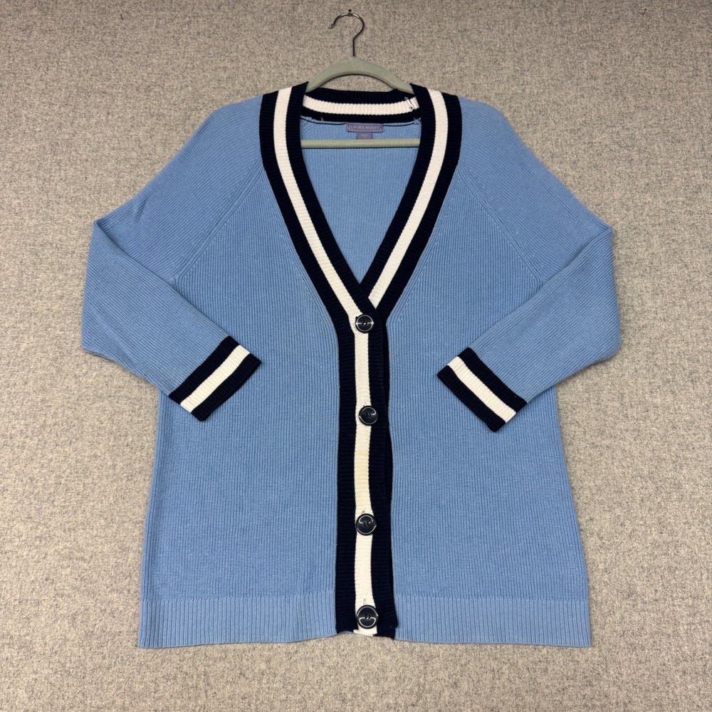 Laura Scott Cardigan Sweater Large Blue Varsity Stripe V-Neck Button Front 2560